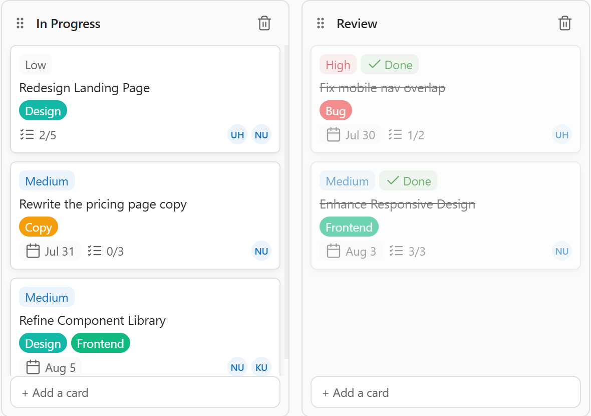 A Wizzy Kanban board for a website redesign, with cards in progress and in review, each labelled and assigned to a teammate.
